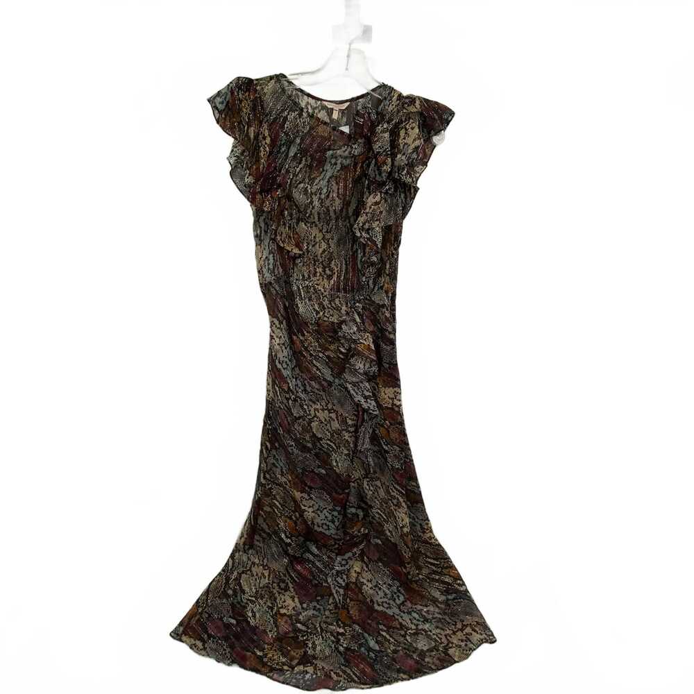 Rebecca Taylor Beige Red Maxi Dress Snake Print Sheer Ruffle | Womens 4